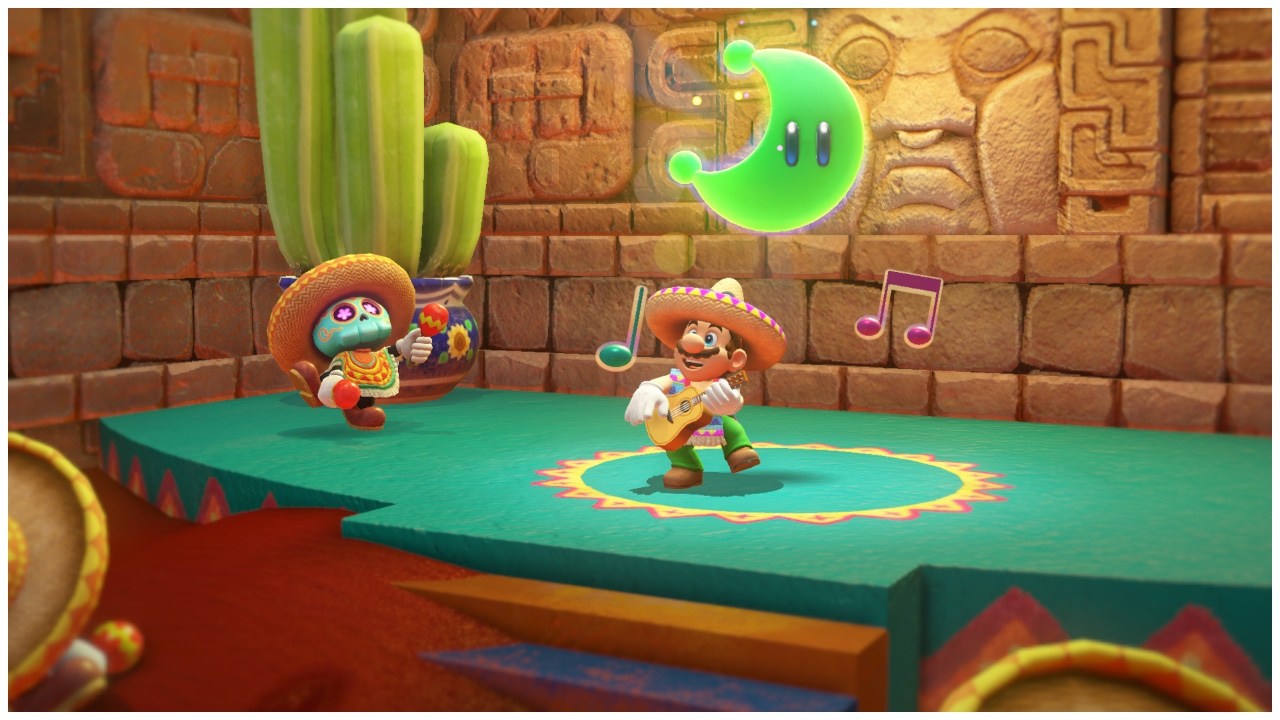 Mario in a sombrero playing a guitar.