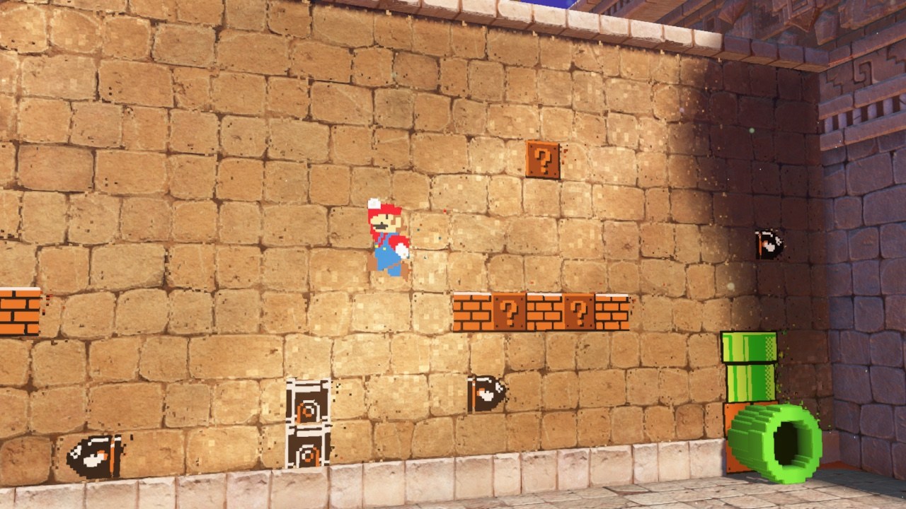 Mario running in a two dimentional environment on a brick wall.
