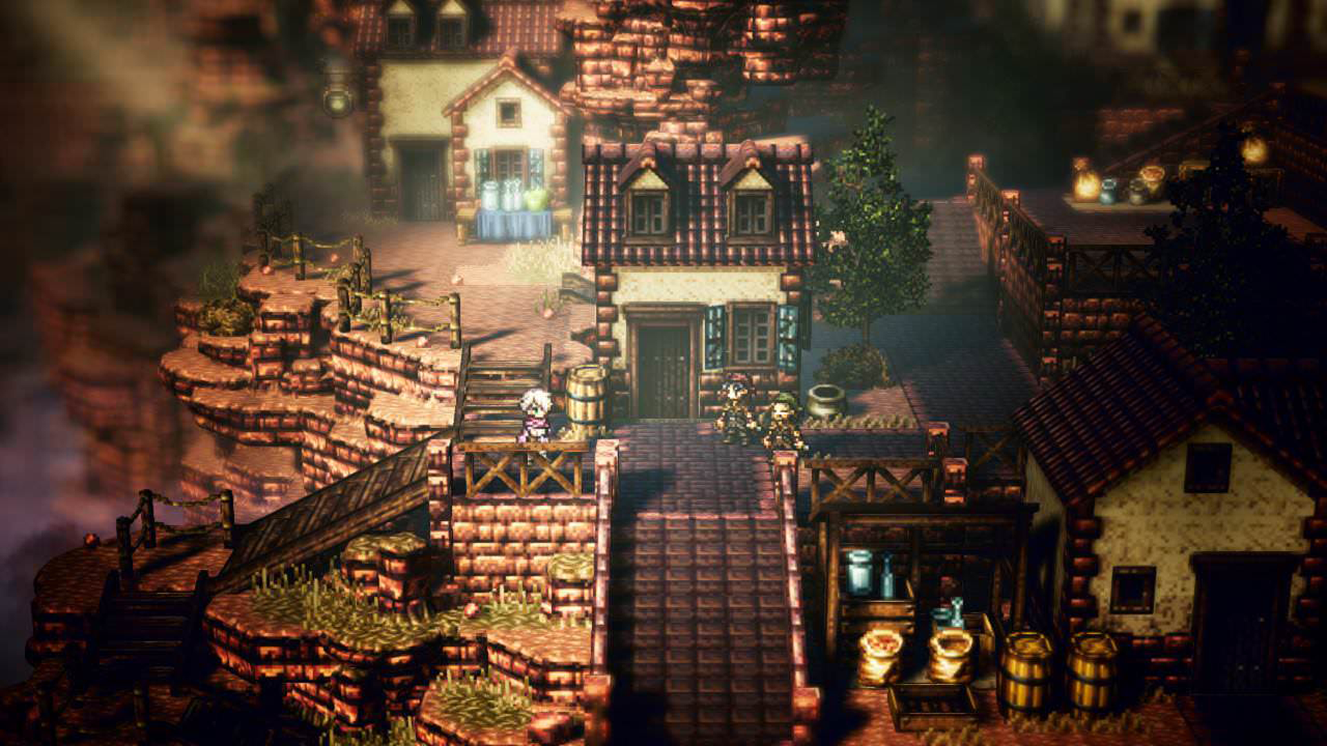screenshot of a town in octopath traveler.