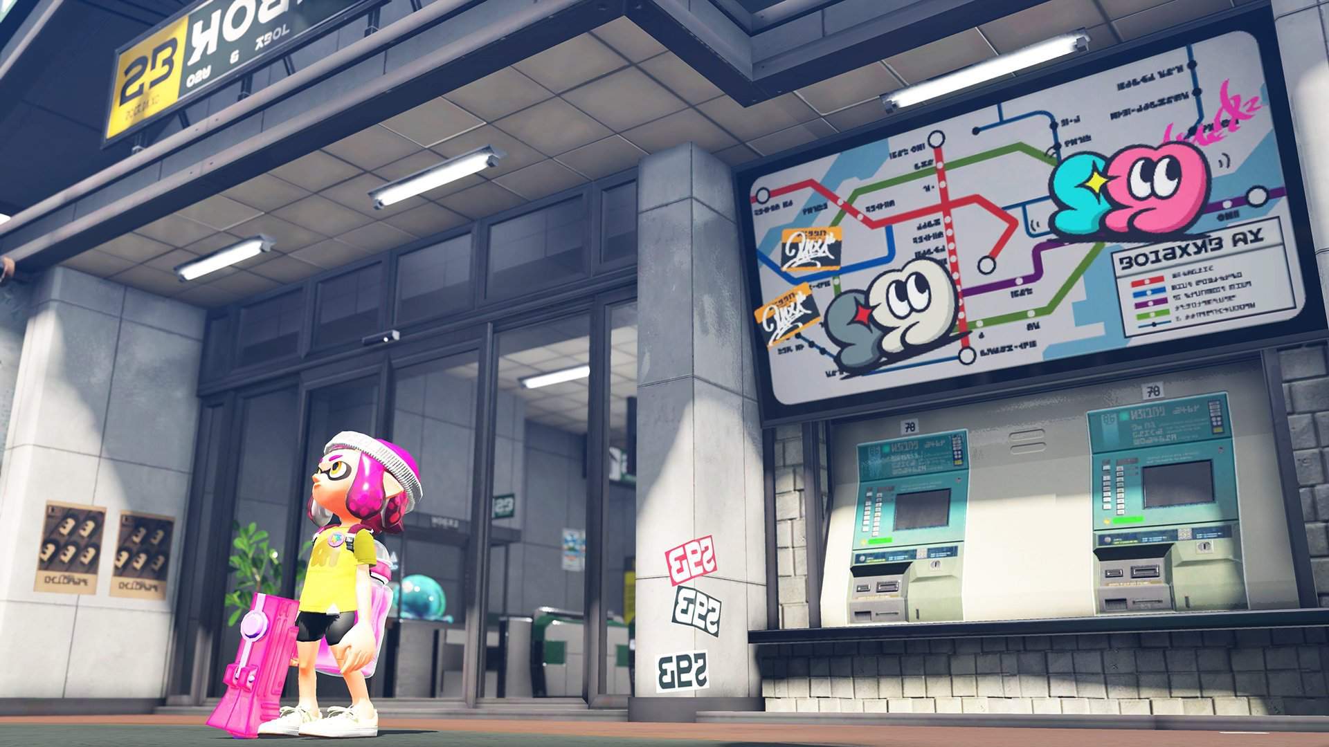 A new inkling steps outside of a city building