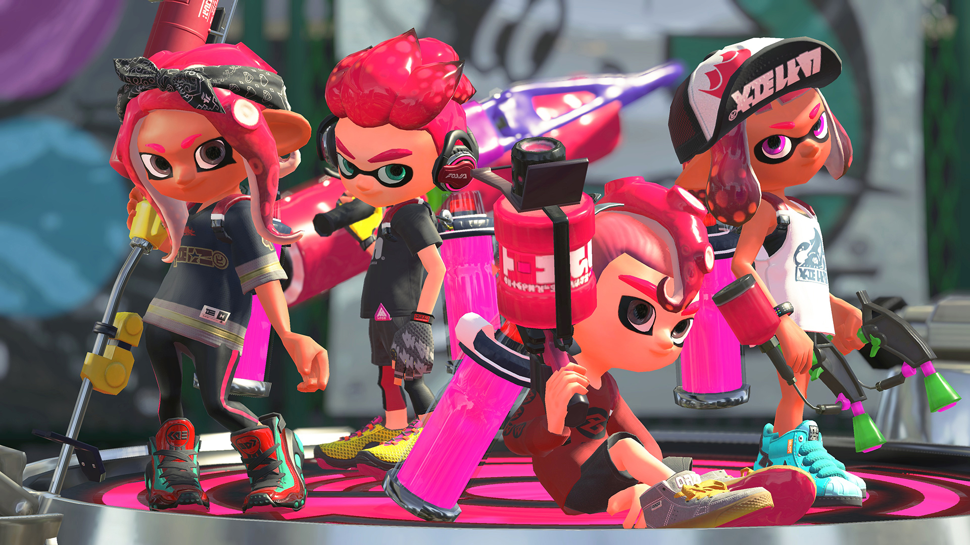 Octolings and Inklings on a battle spawnpoint.