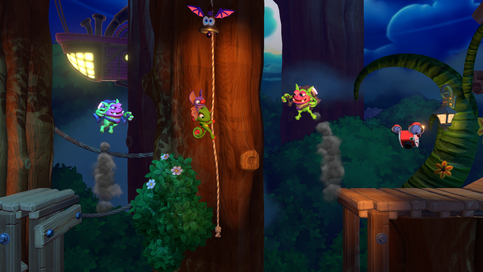 A night scene with Yooka on a rope.